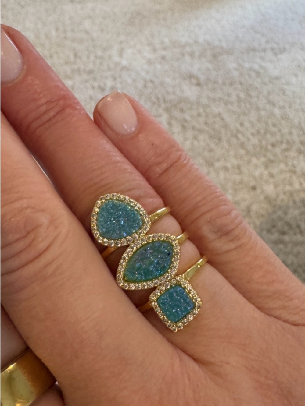 Brand New Never Worn Aqua Druzy Three Stone Ring SZ 7